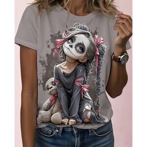 Women's Gothic Day of the Dead Sugar Skull & Teddy Bear  Round Neck Casual Top,